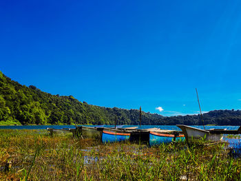 Scenic view of river against blue sky