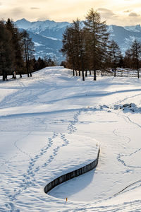 Snow covered field by trees and mountains during winter