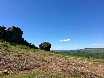 Scenic view of field against blue sky