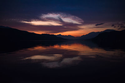 Scenic view of lake against romantic sky at sunset