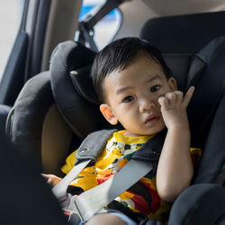 Portrait of cute boy sitting in car