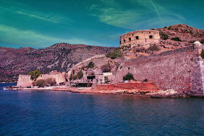 Crete, greece spinalonga island and fortress at plaka, elounda bay with venetian fortress