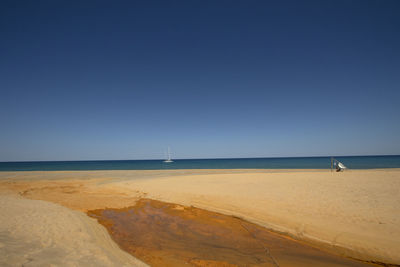 Scenic view of beach against clear blue sky