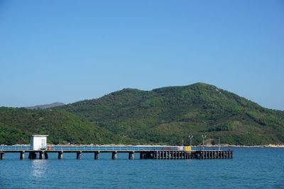 Scenic view of sea against clear blue sky