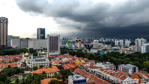 High angle view of buildings in city against sky