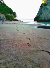 Surface level of beach against clear sky