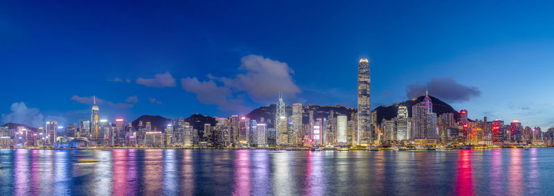 Panoramic view of city buildings at night