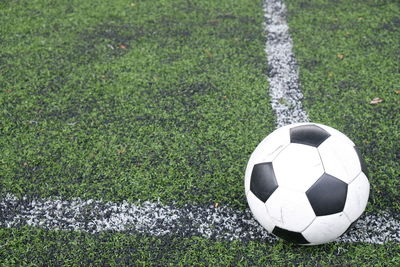 High angle view of soccer ball on field