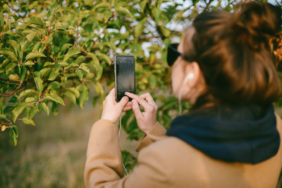 Rear view of woman photographing with mobile phone