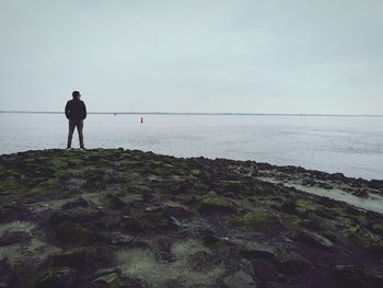 Rear view of man standing on beach against sky