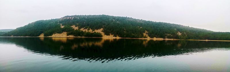 Calm lake with mountains in background