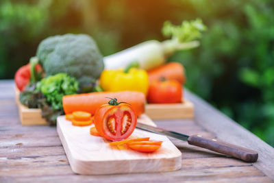 Close-up of chopped fruits on cutting board