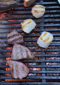 High angle view of food on barbecue grill