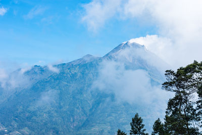 Scenic view of snowcapped mountains against cloudy sky