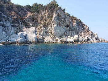 Scenic view of sea against clear blue sky