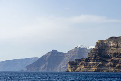 Scenic view of sea and mountains against sky
