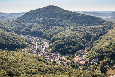 High angle view of townscape against mountains