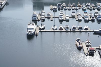 High angle view of boats moored at harbor