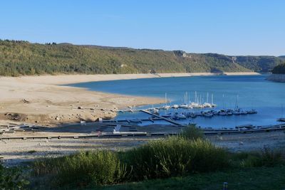 Scenic view of lake against clear blue sky