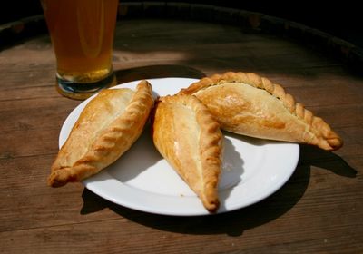 High angle view of breakfast in plate on table