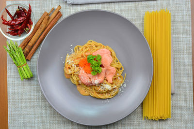 High angle view of breakfast served on table