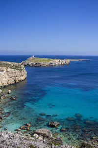 Scenic view of sea against clear blue sky