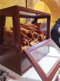 High angle view of food on wooden window