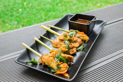 High angle view of food in plate on table