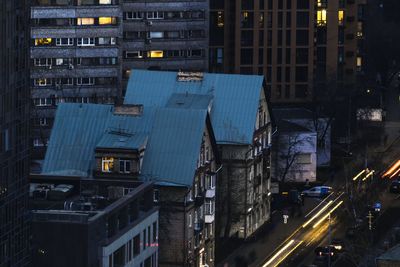 High angle view of illuminated buildings at night