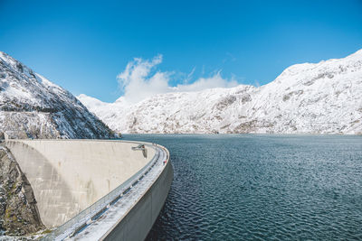 Scenic view of blue lake and mountain against sky