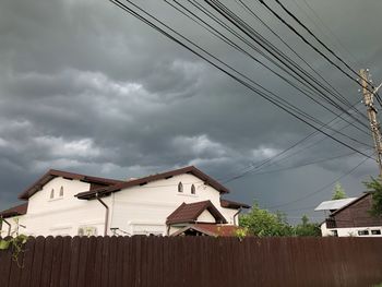 Low angle view of houses and buildings against sky