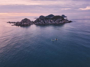 Aerial view of sup surfers ,triozerye, primorsky region, russia