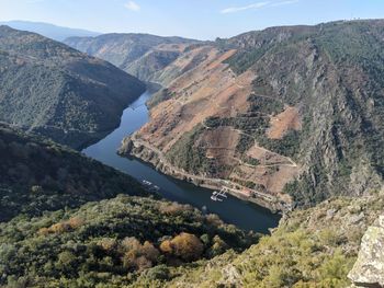 High angle view of river amidst mountains