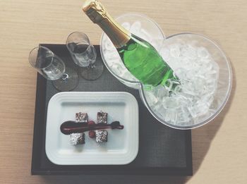 High angle view of objects on table