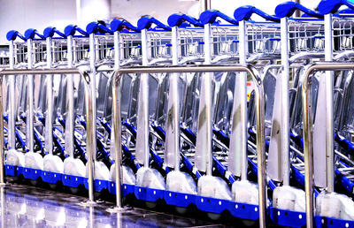 Close-up of bottles in row at store