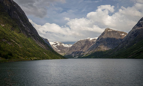 Scenic view of lake by mountains against sky