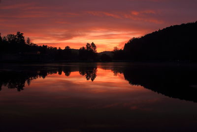 Scenic view of lake against orange sky