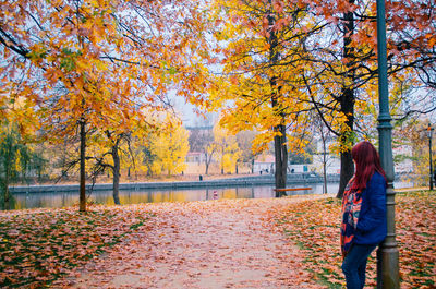 Woman standing by trees during autumn