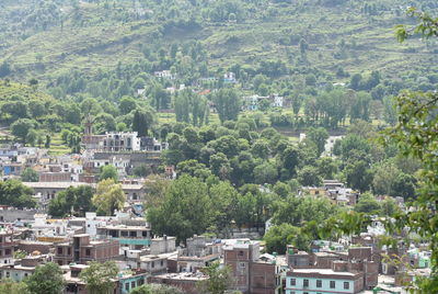 High angle view of buildings in town