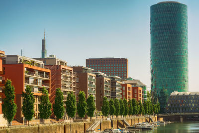 Panoramic view of buildings against clear sky