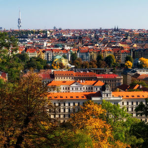 High angle view of townscape against clear sky