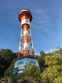 Low angle view of water tower against blue sky