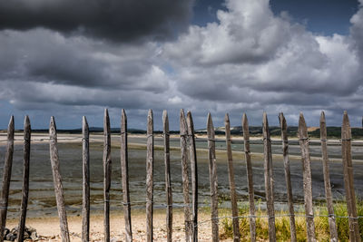 Wooden fence on field against sky