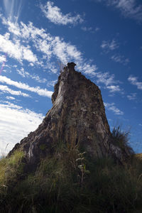 Low angle view of rock formation on land against sky