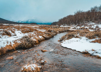 Scenic view of snow covered land against sky