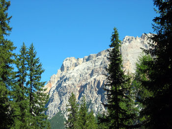 Low angle view of rock cliff against clear sky