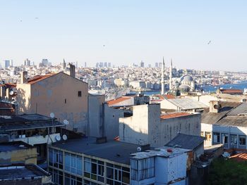 High angle view of townscape against clear sky