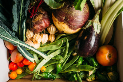 High angle view of vegetables in box