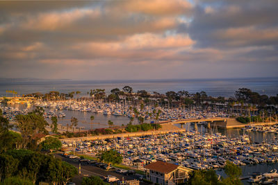 High angle view of townscape against sky during sunset