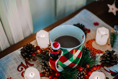 High angle view of coffee on table